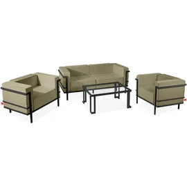 Konsimo GARTENLOUNGE SET 4-tlg. 1x Tisch 2x Sessel 1x Sofa 2-Sitzer "TRIGLO" Dunkelgrau/Beige, Stahl/Polyester/Schaumstoff/gehärtetes Glas, Modern, | Dunkelgrau