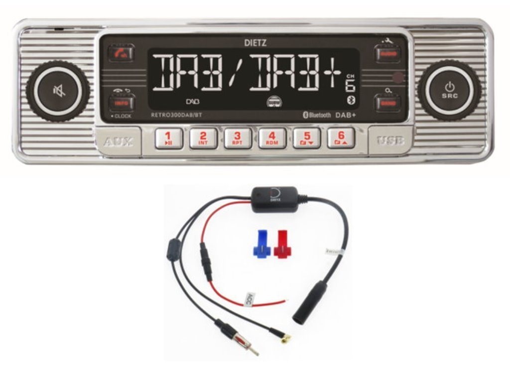 Dietz 1-DIN Dietz Retro Radio DAB+, BT, MP3, USB, RDS, mit Splitter Autoradio (Digitalradio (DAB), FM/UKW, 20,00 W) silberfarben