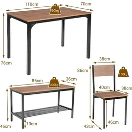 Costway Esstisch Set 4 Stück, Küchentisch mit 2 Stühlen & 1 Bank & Regal, Industrie, Esszimmer Tisch