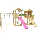 Jungle Gym Spielturm JUNGLE GYM "Stronghold", pink (fuchsia), Spieltürme, KinderB:394cm H:310cm T:626cm, Holz, Spielanlage mit 2 Türmen, Schaukel und Rutsche mit Wasseranschluss, B:394cm H:310cm T:626cm