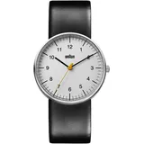 Braun Mens 3-Hand Analogue Quartz Watch, White Dial and Black Leather Strap, 38mm Stainless Steel Case, Model BN0021BKG.