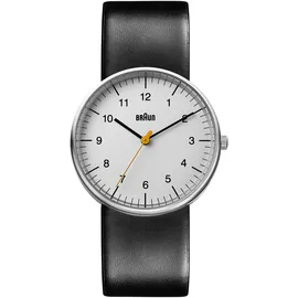 Braun Mens 3-Hand Analogue Quartz Watch, White Dial and Black Leather Strap, 38mm Stainless Steel Case, Model BN0021BKG.