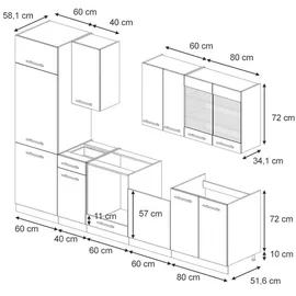Vicco Küchenzeile Fame-Line 300 cm Dunkelblau Hochglanz/Weiß AP Eiche