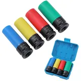 KATSU 1/2" Alu-Felgen Kraft-Stecknuss-Satz 4-teilig 17/19/21/22mm Steckschlüsselsatz Radmuttern, Schlagschrauber Nüsse, Chrom-Molybdän-Stahl, 85mm Länge, Auto Reparatur Garage