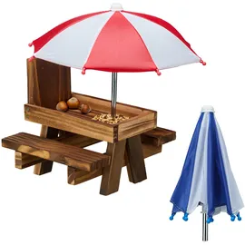 Relaxdays Eichhörnchen Tisch, mit 2 Schirmen, Eichhörnchen-Picknicktisch zum Hängen, Dunkelbraun