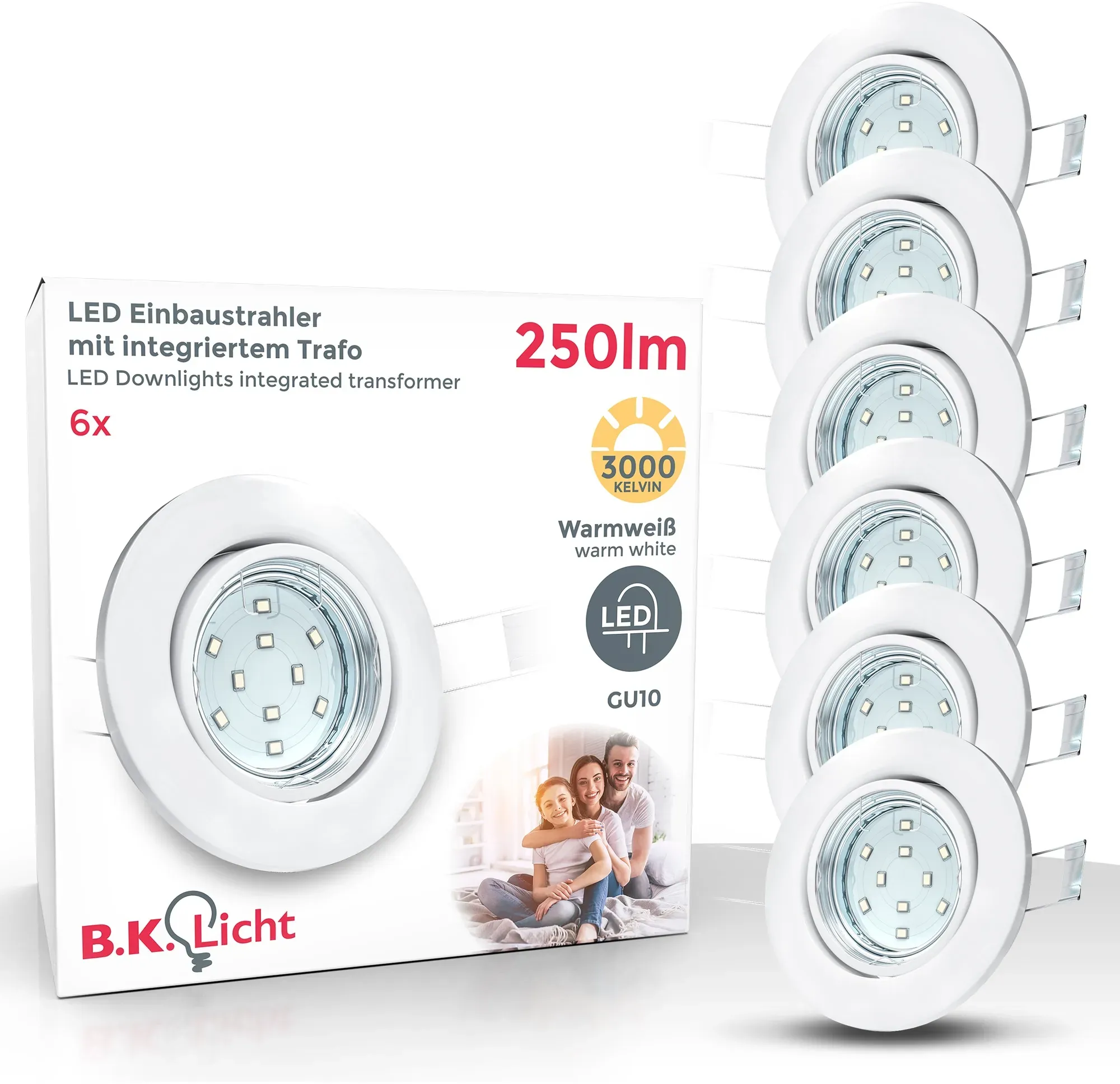 LED Einbauleuchte B.K.LICHT "6er Set Einbaustrahler, Schwenkbare Einbauspots, flache Deckenstrahler" Lampen weiß LED Einbaustrahler Deckeneinbaustrahler 3.000K, 250Lm, 3W, Kunststoff, 8,6 x 7 cm, Nickel