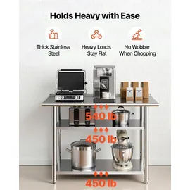 Vevor Gasto Arbeitstisch 1219x610x864 mm, Edelstahltisch mit 3 Ebenen & Aufkantung & Höhenverstellbaren Ablagen Belastbarkeit Top 245 kg & 2 Unterablagen je 204 kg Vorbereitungstisch für Restaurant