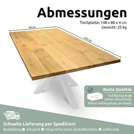 holz4home Tischplatte ohne Baumkante aus Massiver Eiche 140 x 80 cm