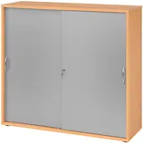 bümö Schiebetürenschrank 3OH - Aktenschrank abschließbar, Sideboard Schrank mit Schiebetüren in Buche/Silber, Bogengriff - Büroschrank aus Holz mit