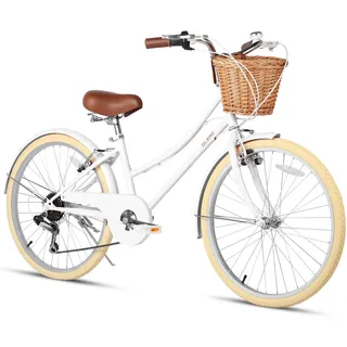 Glerc 24" Mädchen Cruiser Bike 6-Gang Cruiser Frauen Hybird Fahrrad für Alter 7 8 9 10 11 Jahre alt mit Weidenkorb. Leichter Rahmen und Gabel, Weiß