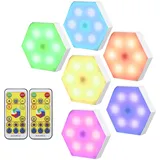 Lixada 6 Stück RGB-Schrankleuchte, LED-Farbwechsel, sechseckig, DIY Wandleuchte, Touch Schalter, Fernbedienung, Dimmbar mit Timing, Unterschrankbeleuchtung, Aufklebbare Nachtlichter