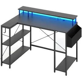 Costway Computertisch, mit Steckdosen, LEDs, Monitorständer, Regalen & Tasche schwarz