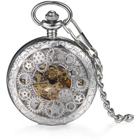 LANCARDO Damen Herren Taschenuhr Retro Zahnrad Ritzel Mechanische Kettenuhr Skelett Uhr Steampunk Automatik mechanisch Pocket Watch Bronze mit Halskette Pullover Kette (Silber)