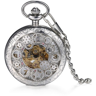 LANCARDO Damen Herren Taschenuhr Retro Zahnrad Ritzel Mechanische Kettenuhr Skelett Uhr Steampunk Automatik mechanisch Pocket Watch Bronze mit Halskette Pullover Kette (Silber)