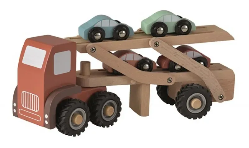Autotransporter Holz 27x8x11 cm mit 4 Autos, Gummiräder, bunt - Egmont Toys - Fördert Motorik, leises Spiel, ab 3 Jahren