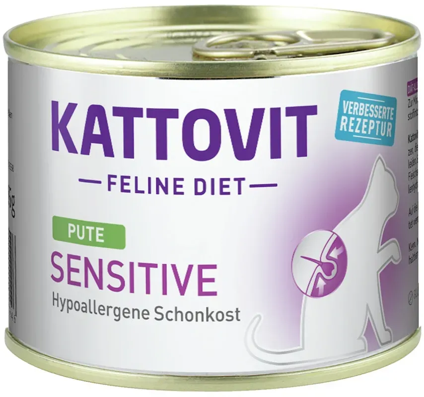 KATTOVIT Feline Diet Sensitive (hypoallergene Schonkost) 185g Dose Katzennassfutter Diätnahrung 12 x 185 Gramm Sensitive Pute