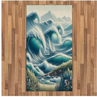 Teppich Flachgewebe Deko-Teppiche für das Wohn-,Schlaf-, und Essenszimmer, Abakuhaus, rechteckig, Nautisch Boot auf riesigen Wellen blau|grün 80 cm x 150 cm