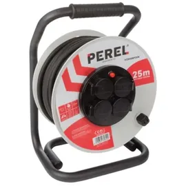 Perel Professionelle Kabeltrommel, spritzwassergeschützt (IP44), 4 Steckdosen Typ E, Anti-Twist, Kabellänge 25 m, 3G2.5, Grau/Schwarz