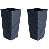 KMND Blumentopf Groß Blumentopf Gross Innen Quadratisch Hoch mit Einsatz Rattan 27x27x51 cm PP Kunststoff Granit 2er Set 20804