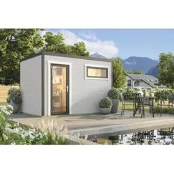 LASITA MAJA Gartenhaus Sardinia, 350 x 250 cm – Set inkl. Fußbodenbretter, Blockhaus mit Pultdach (44 mm) – Sardinien 2 grau