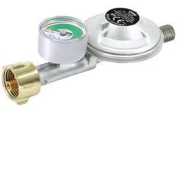 CFH Gasdruckregler mit Manometer DRF 428 – Druckminderer für 5 kg und 11 kg Propan-Gasflaschen mit KLF-Anschluss (G.12), 50 mbar Ausgangsdruck, gemäß EN 16129