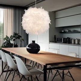 GLOBO LED Pendellampe dimmbar mir Fernbedienung LED Hängelampe Federlampe Schlafzimmerlampe Wohnzimmer, Textil weiß Federn, 8,5W 806m warmweiß, DxH 60x130 cm