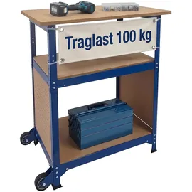 Relaxdays Werkbank, mit Rollen, HBT: 69,5x72,5x50 cm, höhenverstellbar, Werktisch mit Lochwand, Stahl & MDF, blau