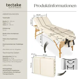 Tectake tectake® Massageliege Breite 70 cm, Polsterung 10 cm, mit Holzgestell, 218 x 102 x 90 cm