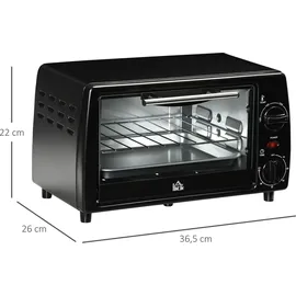 Homcom Mini Backofen 10 Liter 750W Kleiner Elektrobackofen mit Temperatur bis zu 230 °C Timer 60 Minuten Backblech und Rost 36,5x26x22 cm Schwarz