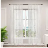 Woltu Gardinen transparent Blumen Stickerei mit Kräuselband Leinen Optik(2 Stücke) Beige 140x245 cm, - Woltu