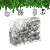 Relaxdays Weihnachtskugeln 100er Set, glitzernd, matt & glänzend, Baumschmuck, Kunststoff, Verschiedene Designs, Silber
