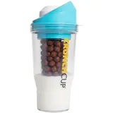CRUNCHCUP Tragbarer Müslibecher To Go 260 + 250 ml für das gesunde Frühstück unterwegs, kein Löffel oder Schüssel nötig, für Müsli Milch Trinkjoghurt Proteinshake, Erwachsene Kinder, Größe XL, Blau