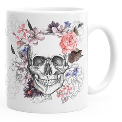 Autiga Tasse Kaffee-Tasse Totenkopf Blumen Flower Skull Boho Schädel Teetasse Keramiktasse Autiga®, Keramik, aus Keramik mit Aufdruck weiß