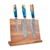 KingLux Messer-Set 3tlg.Damastmesser mit Magnet-Messerblock Doppelseitiger (3-tlg) blau