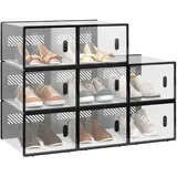 WOLTU Schuhbox stapelbar, 8er Set, Schuhkarton mit magnetischer Tür, Kunststoffbox für Schuhaufbewahrung, Faltbarer Schuhorganizer, 35x19x25 cm, transparent schwarz
