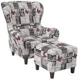 Supellex Ohrensessel Sofia Patchwork 72 x 95 x 73 cm Grau/Mehrfarbig mit Hocker