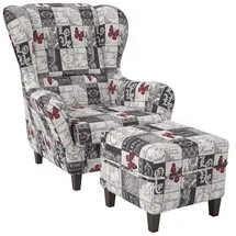 Supellex Ohrensessel Sofia Patchwork 72 x 95 x 73 cm Grau/Mehrfarbig mit Hocker