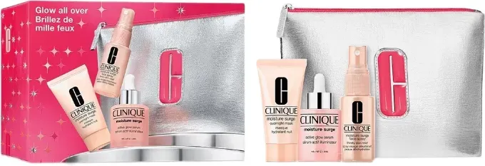 Clinique Moisture Surge Glow All Over Geschenkset — Active Glow Serum 30 ml + Thirsty Skin Relief Gesichtsspray 30 ml + Overnight Maske 30 ml (inkl. Reise-Kulturbeutel)