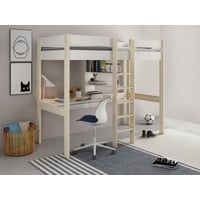 Lüttenhütt Hochbett Stockbett, Kinderbett, "ROBIN " FSC® zertifiziertes Massivholz mit Schreibtisch und Regalen weiß