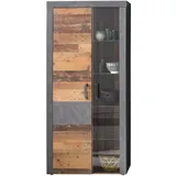 trendteam Vitrine Indy - Regalschrank - Grau/Eiche - Stauraumvitrine mit 2 Türen, 4 Glasböden, 1 Konstruktionseboden und 3 Einlegeböden - (BxHxT) 87 x 34 cm - antikfarbene Griffe
