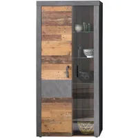 trendteam Vitrine Indy - Regalschrank - Grau/Eiche - Stauraumvitrine mit 2 Türen, 4 Glasböden, 1 Konstruktionseboden und 3 Einlegeböden - (BxHxT) 87 x 34 cm - antikfarbene Griffe