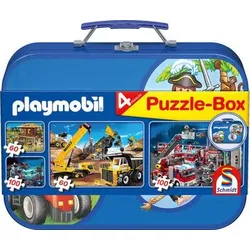 SCHMIDT SPIELE 55599 Kinderpuzzle-Box blau, 2 x 60, 2 x 100 Teile - Playmobil