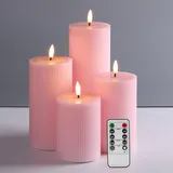 Eywamage Rosa Gerippte Flammenlose Säulenkerzen mit Fernbedienung, Flackernde Flach Top Groß Batterie LED Kerzen 4er-Pack