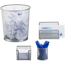 Relaxdays Schreibtisch Organizer Set Metall, Schreibtisch-Set, Ablage, Zettelbox, Stifteköcher, Mülleimer, silber