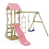 Wickey Spielturm Klettergerüst TinyCabin mit Schaukel & Rutsche, Kletterturm mit Sandkasten, Leiter & Spiel-Zubehör – Pastellpink