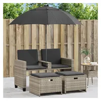 vidaXL Gartensofa 2-Sitzer Sonnenschirm und Hocker Hellgrau Polyrattan