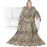 Premium Fleece Kuscheldecke mit Ärmeln von pavilia | Warm, Cozy, extra weich, funktionell, leicht Gepard - 177,8 x 127 cm
