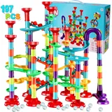 Jeffbaubl Murmelbahn Spielzeug,197 Stück Kugelbahn,Mehrfarbige Marble Run Set,Kugelbahn Lernspielzeug Bausteinspielzeug Konstruktionspielzeug für Kinder Jungen Mädchen(147 Bahnelementen + 50 Murmeln)