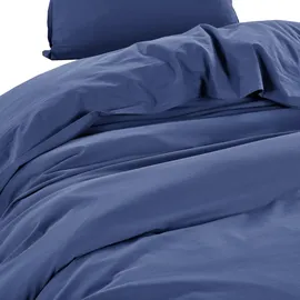 Wometo Bettwäsche Renforce Stone-Washed 135x200 & 80x80 100% Baumwolle - blau OekoTex weich modern Used-Look Leinen-Optik