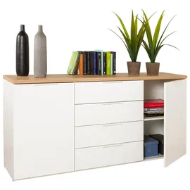 CARRYHOME Sideboard Eiche Artisan, Weiß Hochglanz, Metall, 2 Fächer, 4 Schubladen, 170x82x44 cm, FSC Mix, Beimöbel erhältlich, Schlafzimmer, Schlafzimmer Kommoden,